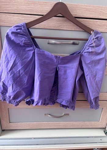 Düğmeli Mor Keten Bohem Bluz - Görsel 4