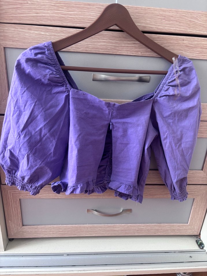 Düğmeli Mor Keten Bohem Bluz - Görsel 4