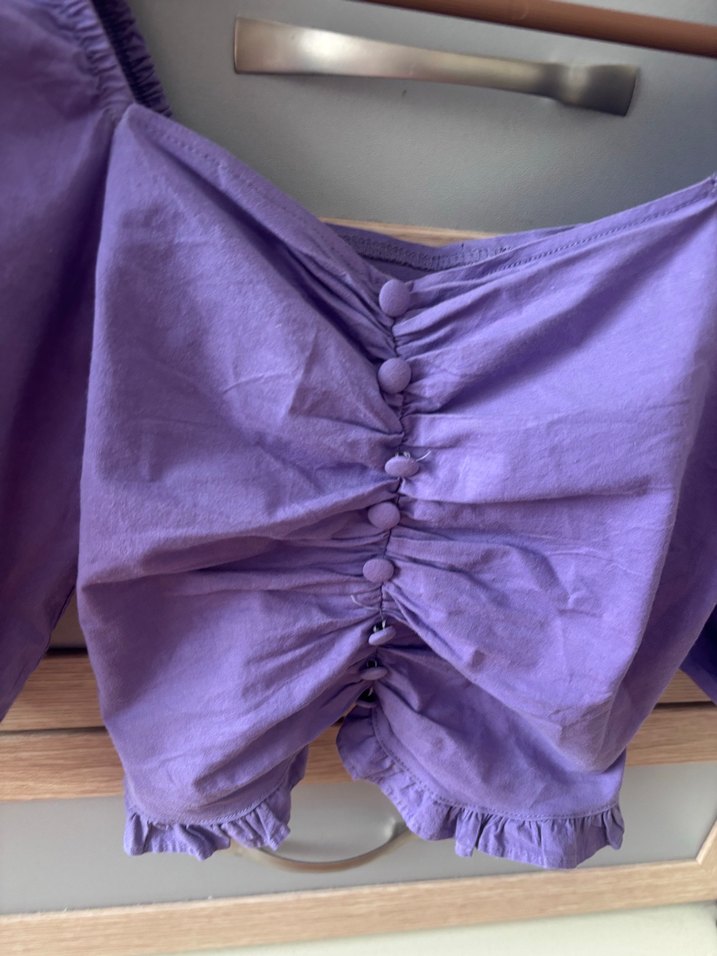 Düğmeli Mor Keten Bohem Bluz - Görsel 2