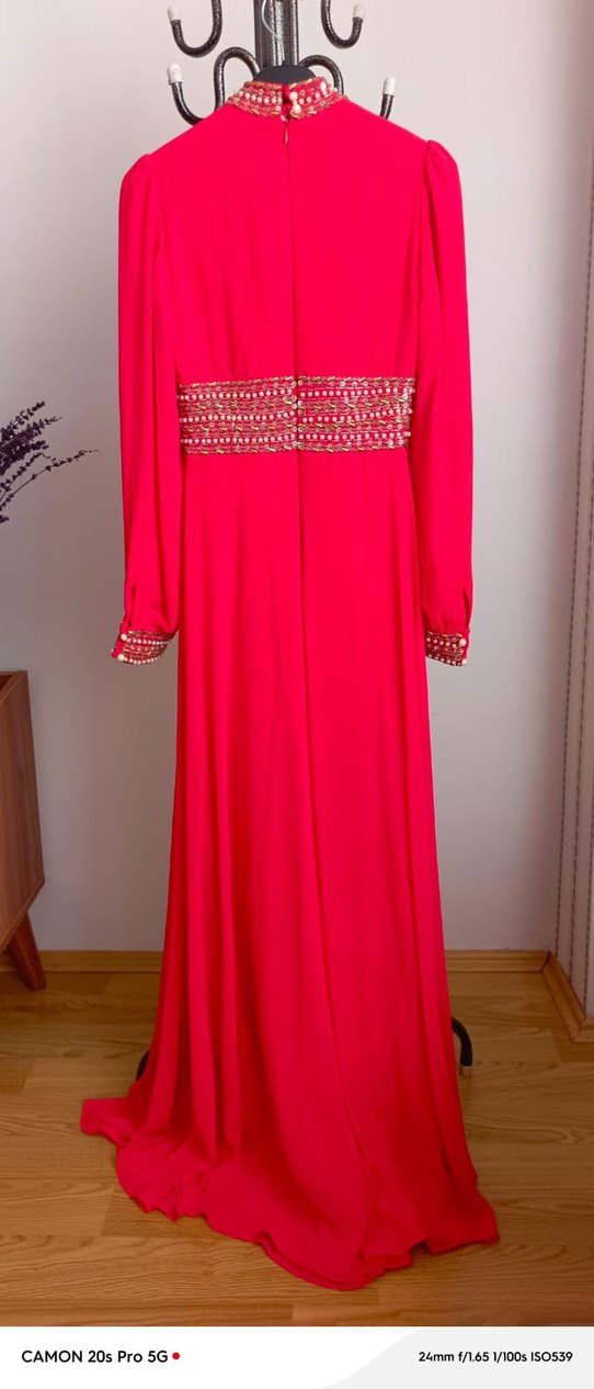 Pembe Uzun Kollu İşlemeli Kadın Abiye Elbise - Görsel 5