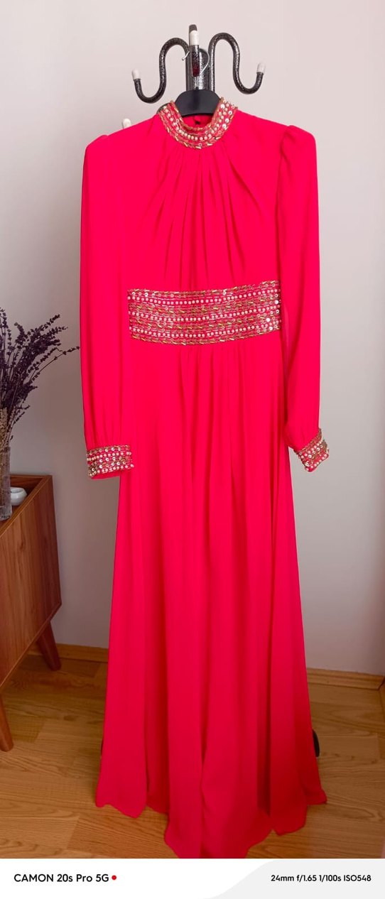 Pembe Uzun Kollu İşlemeli Kadın Abiye Elbise - Görsel 2