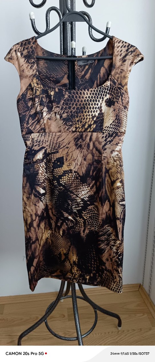 Kahverengili.   Desenli Uzun Kalem Elbise - Görsel 2