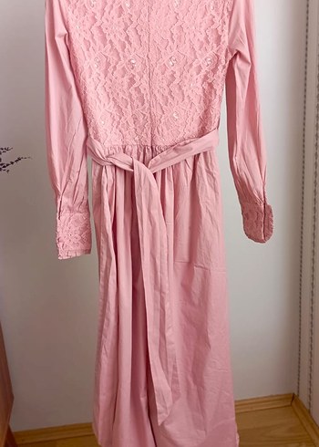 Pudra Rengi Uzun Dantel Detaylı Kadın Elbise - Görsel 3