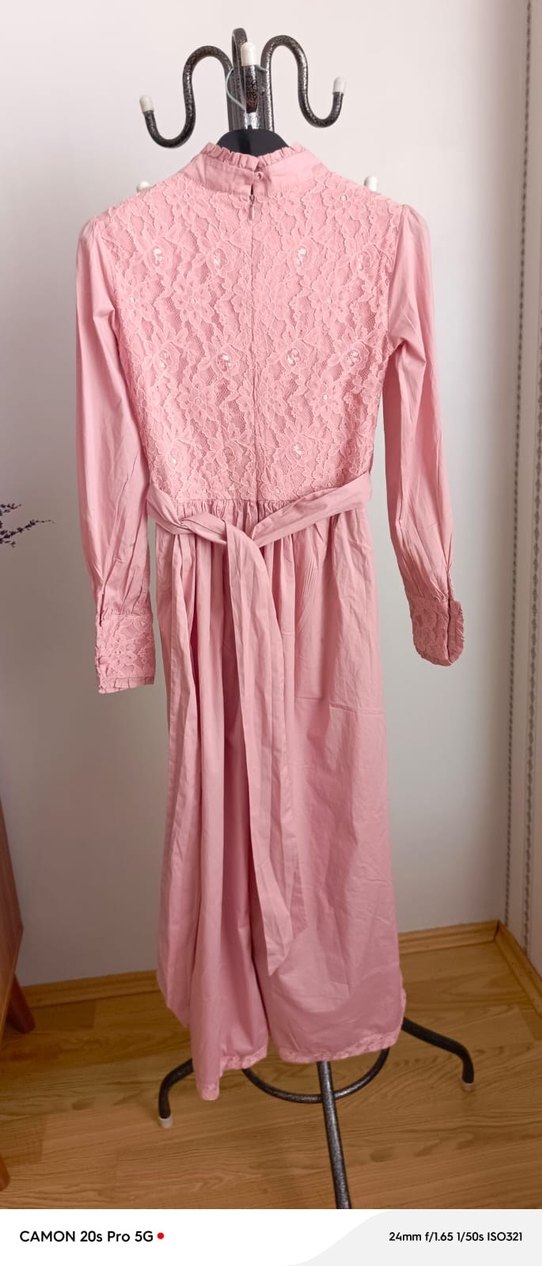 Pudra Rengi Uzun Dantel Detaylı Kadın Elbise - Görsel 3