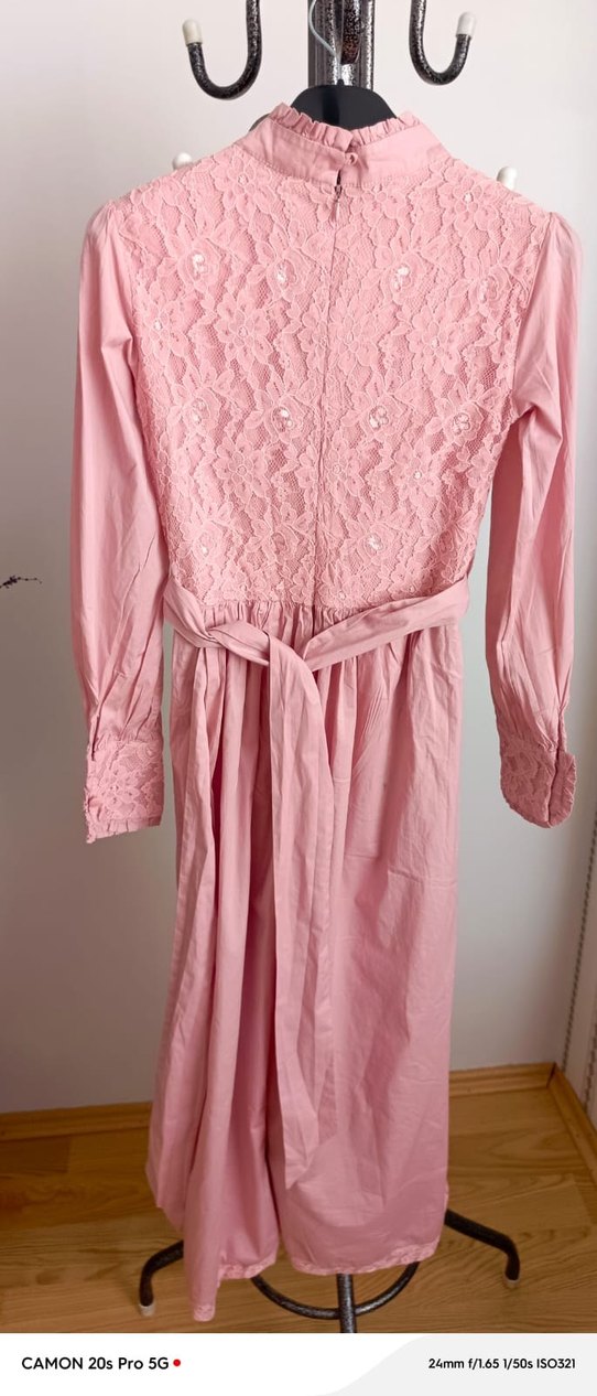 Pudra Rengi Uzun Dantel Detaylı Kadın Elbise - Görsel 2