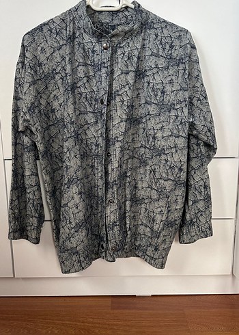 Gri Batik Desenli Uzun Kollu Keten Gömlek YAZLIK BOMBER CEKET - Görsel 3