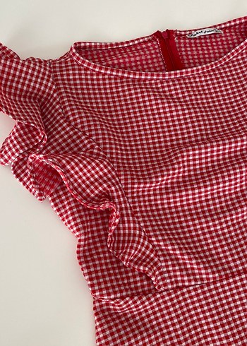 Kız Çocuk Kırmızı Kareli Fırfırlı Elbise - Görsel 2