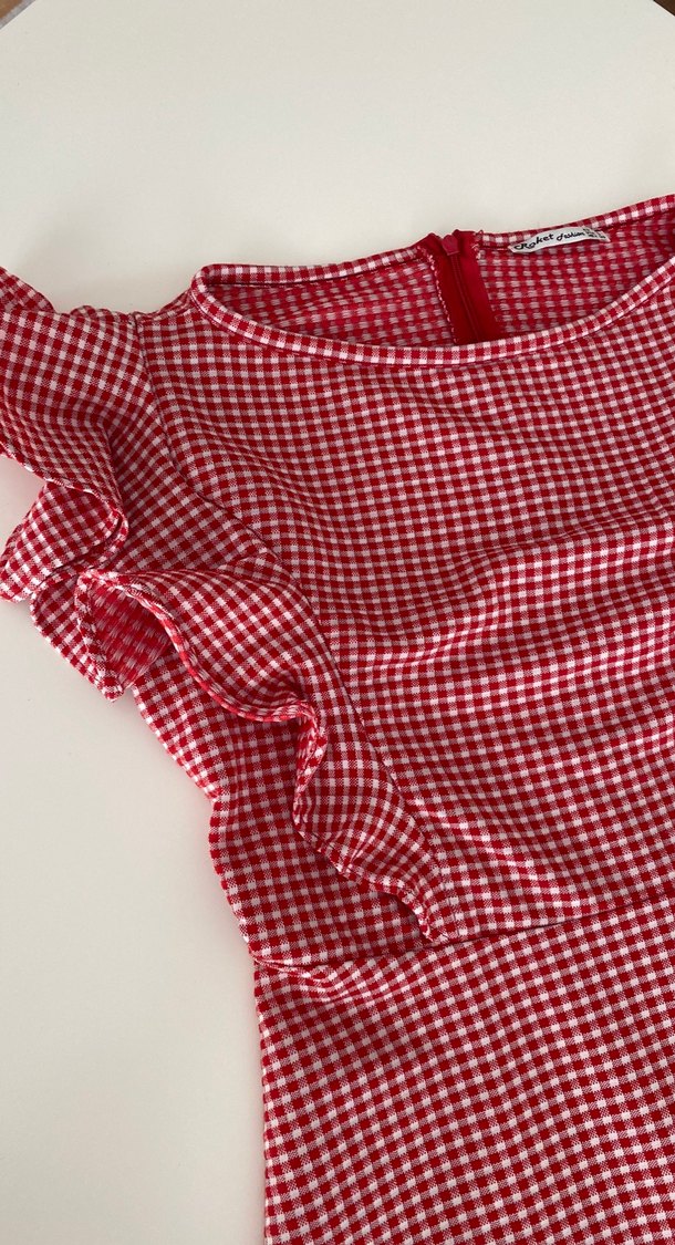 Kız Çocuk Kırmızı Kareli Fırfırlı Elbise - Görsel 2