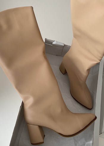 Bej Deri Kadın Dizüstü Çizme - Görsel 2