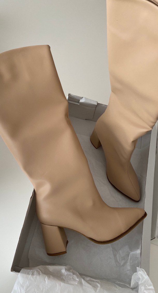 Bej Deri Kadın Dizüstü Çizme - Görsel 2