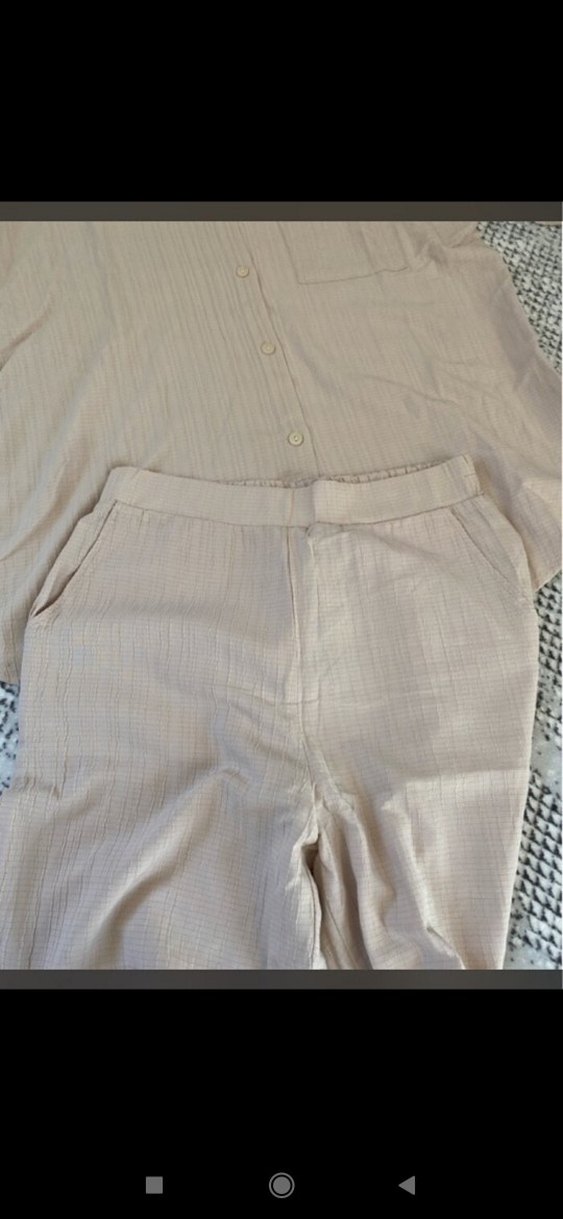 Bej Düğmeli Uzun Kollu Keten Gömlek ikili takim - Görsel 2