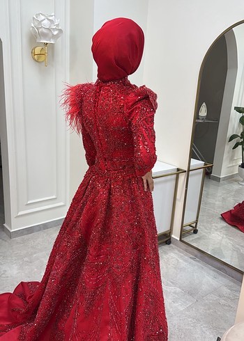 Uzun Kırmızı Tesettür Kadın Abiye - Görsel 2