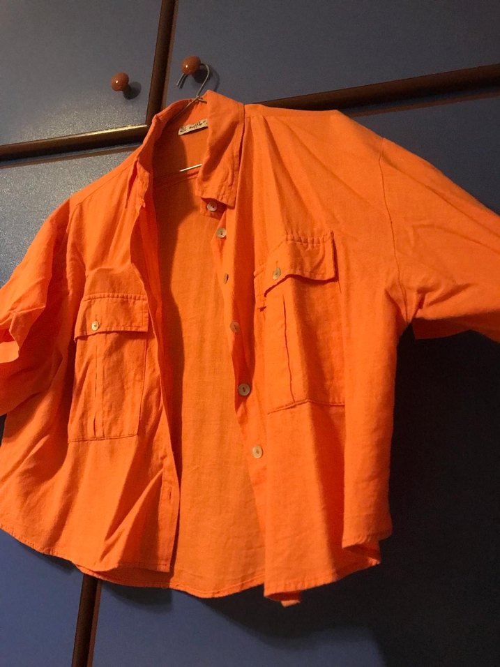 Turuncu Kısa Düğmeli Keten Kadın Gömlek - Görsel 2