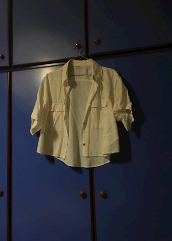 Düğmeli Keten Beyaz Kadın Gömlek - Görsel 2