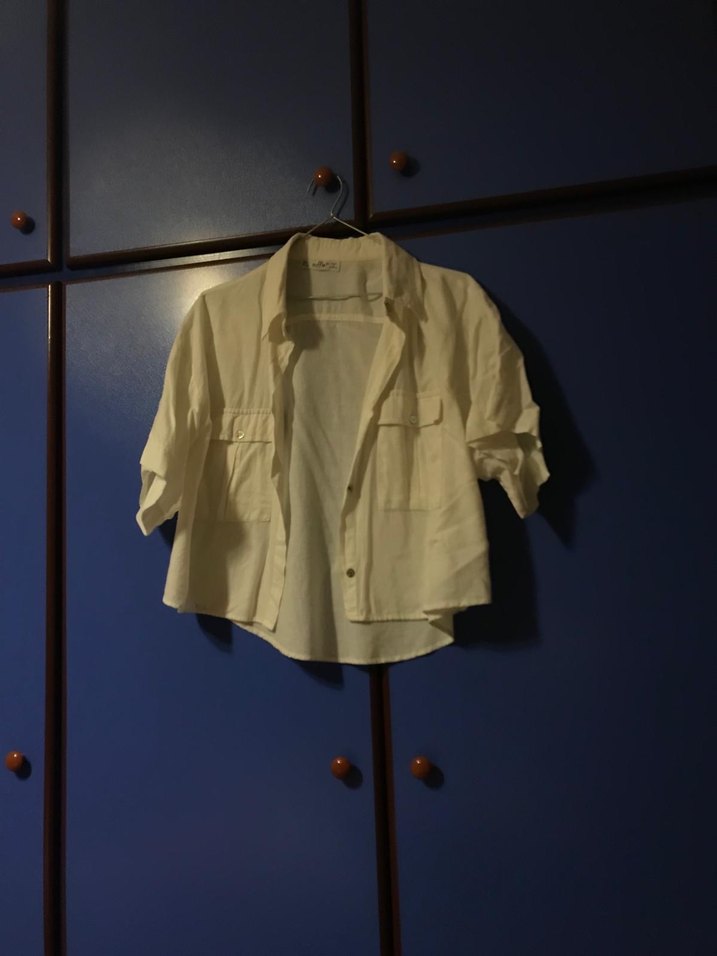 Düğmeli Keten Beyaz Kadın Gömlek - Görsel 2