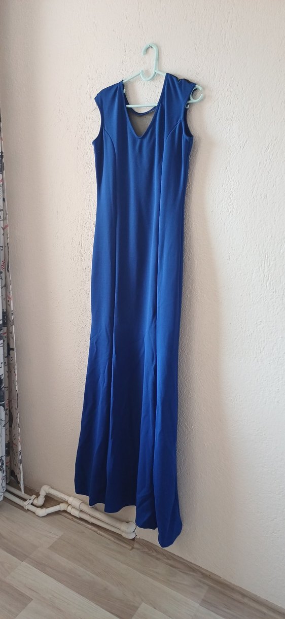 Drapeli V Yakalı Lacivert Uzun Balık Abiye Elbise - Görsel 4