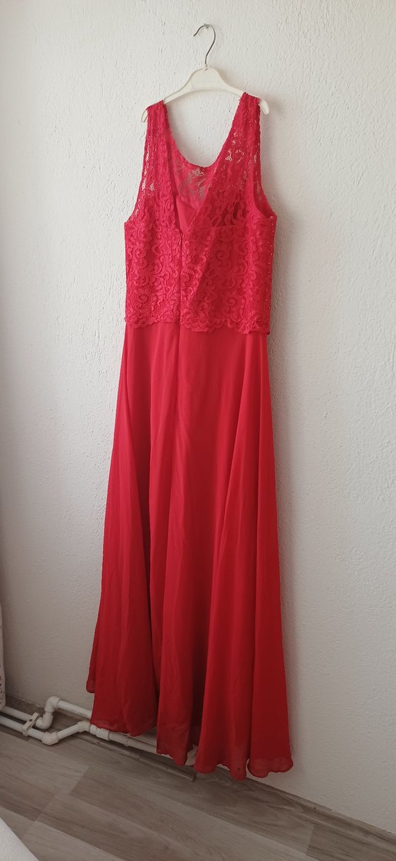 Kırmızı Dantel Detaylı Uzun Abiye Elbise - Görsel 2