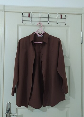 kadın kahverengi oversize basic gömlek 