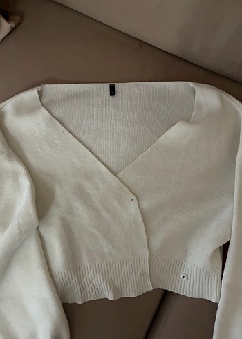 V Yaka Beyaz Kadın Triko hırka - Görsel 2