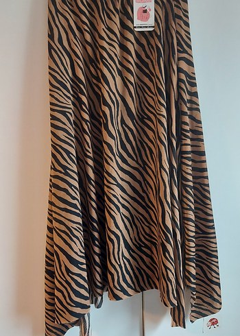 Kahverengi Zebra Desenli Uzun Midi Etek