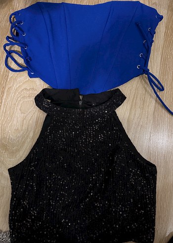 Straplez Mavi Korse & Siyah Payetli Mini Elbise