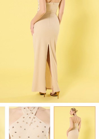 Bej V Yakalı Uzun Drapeli Kadın Elbise - Görsel 2