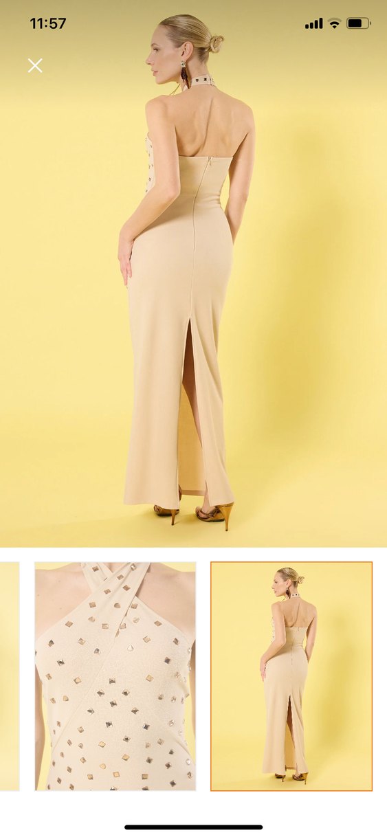 Bej V Yakalı Uzun Drapeli Kadın Elbise - Görsel 2