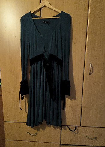 Ördek başı yeşil penye V Yaka Uzun Kollu Midi  Elbise - Görsel 7