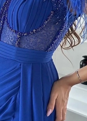 Mavi Drapeli Uzun Kadın Abiye Elbise - Görsel 3