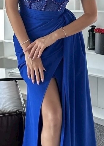 Mavi Drapeli Uzun Kadın Abiye Elbise - Görsel 2