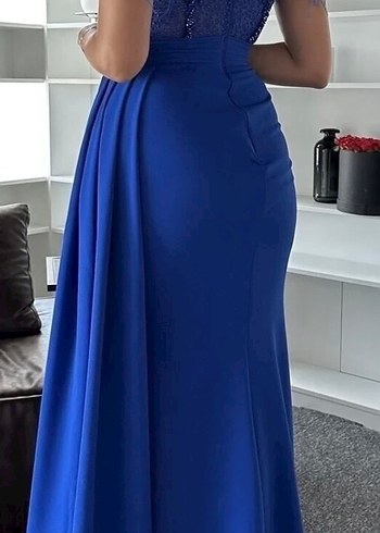 Mavi Drapeli Uzun Kadın Abiye Elbise - Görsel 4