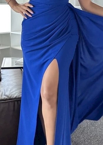 Mavi Drapeli Uzun Kadın Abiye Elbise - Görsel 6