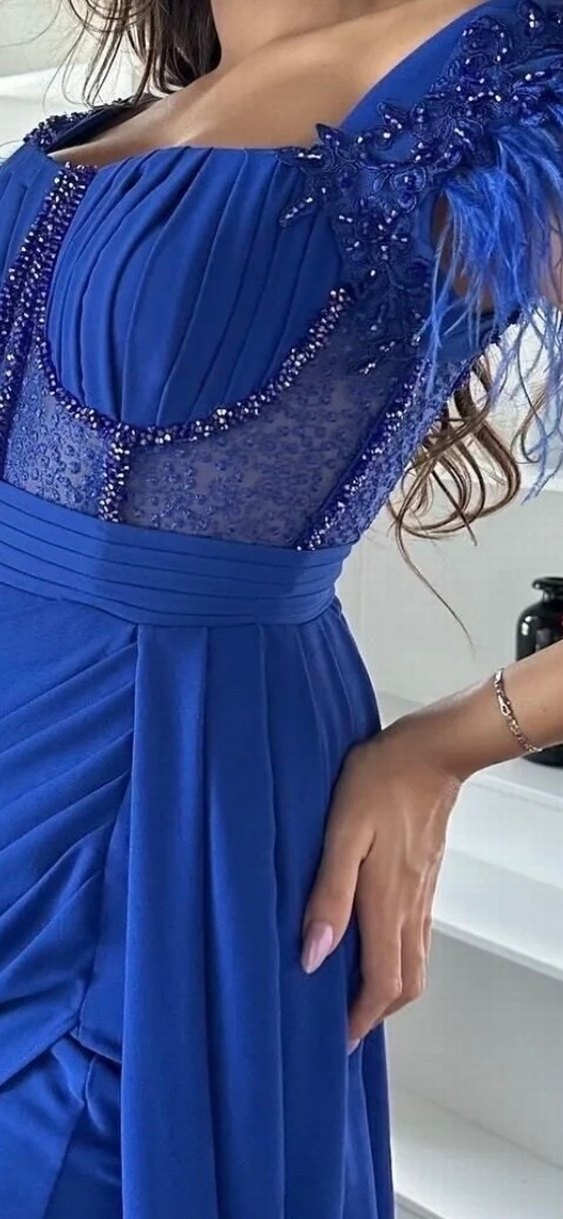 Mavi Drapeli Uzun Kadın Abiye Elbise - Görsel 3