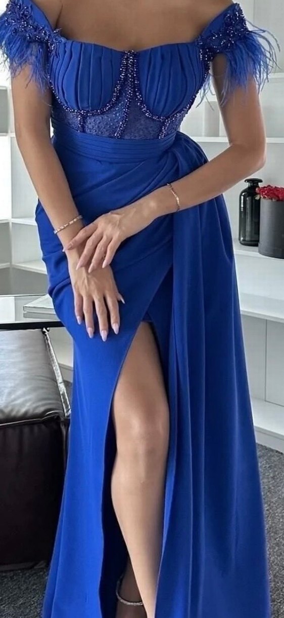 Mavi Drapeli Uzun Kadın Abiye Elbise - Görsel 2