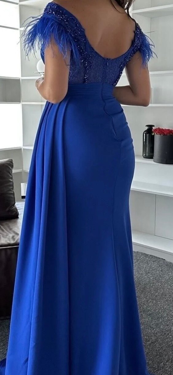 Mavi Drapeli Uzun Kadın Abiye Elbise - Görsel 4