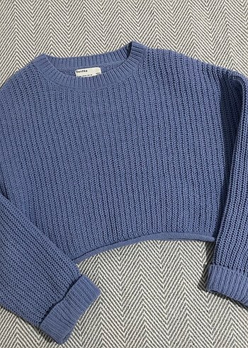 m Beden Bershka Nakışlı Mavi Örgü Kadın Kazak