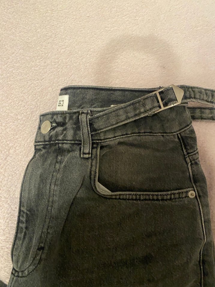 Gri Kadın Kot Pantolon, Kemerli, Regular Fit - Görsel 2