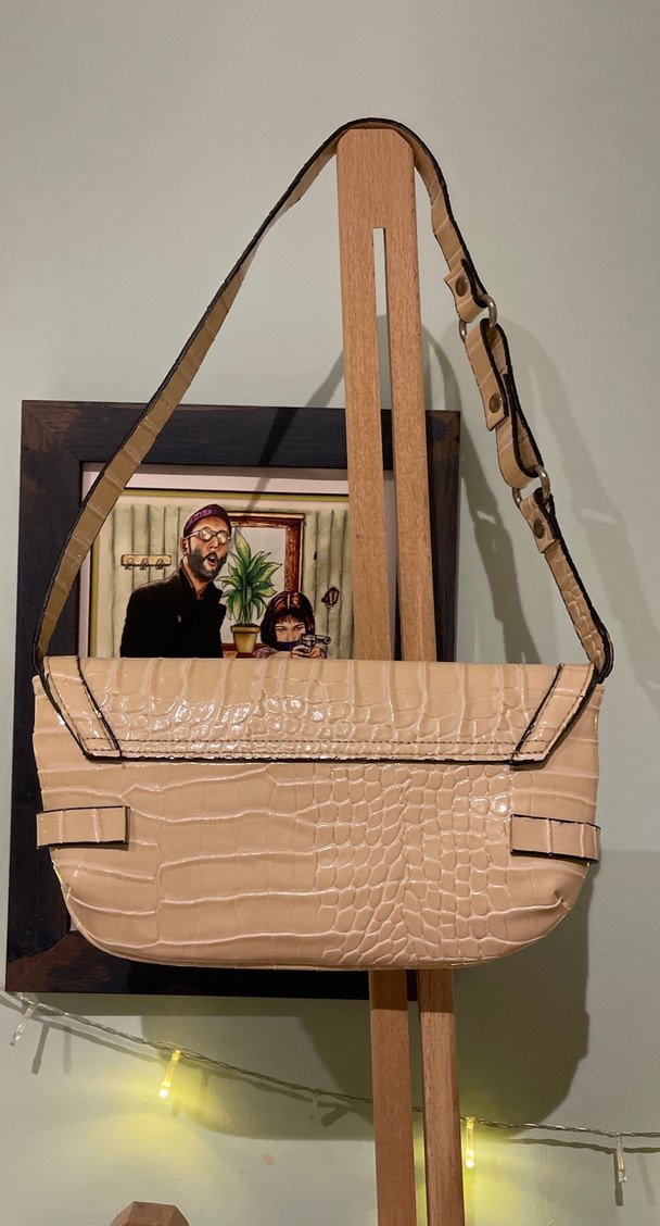 Bej Deri Yılan Desenli Tokalı Kadın Çanta - Görsel 4