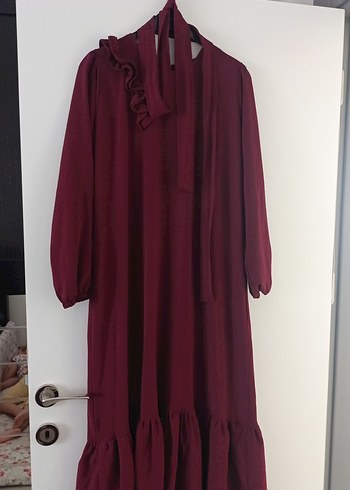 Bordo Uzun Kollu Fırfırlı Bohem Elbise