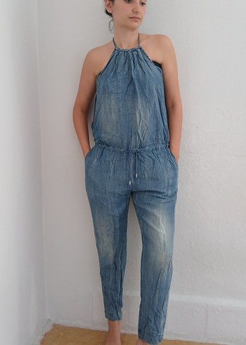 Kadın Mavi Denim Halter Tulum