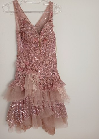 Pembe Dantel Mini Abiye Elbise