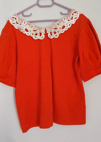 m Beden Dantel Yakalı Kırmızı Vintage Kadın Bluz