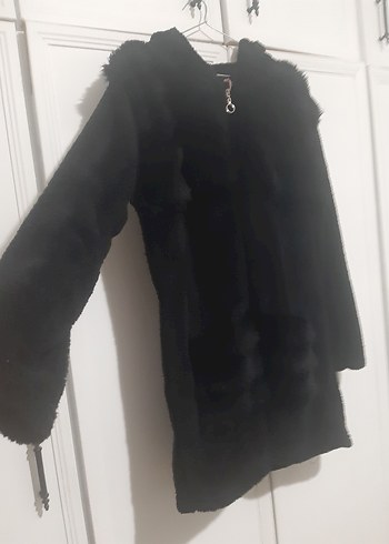 Siyah Kapüşonlu Midi Kadın kalın polar kaban - Görsel 9