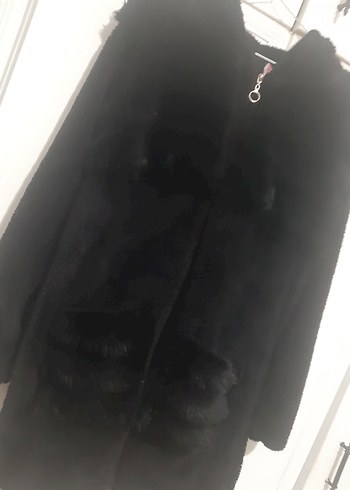 Siyah Kapüşonlu Midi Kadın kalın polar kaban - Görsel 7