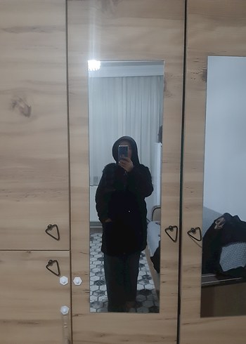 Siyah Kapüşonlu Midi Kadın kalın polar kaban - Görsel 2