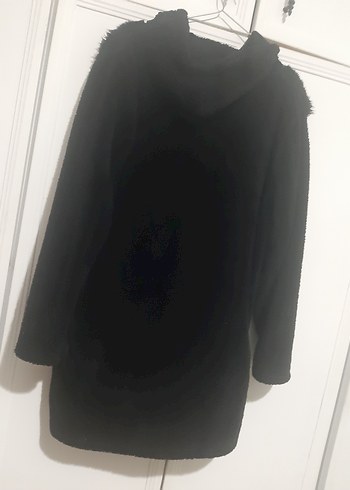 Siyah Kapüşonlu Midi Kadın kalın polar kaban - Görsel 6