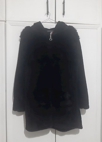 Siyah Kapüşonlu Midi Kadın kalın polar kaban - Görsel 5