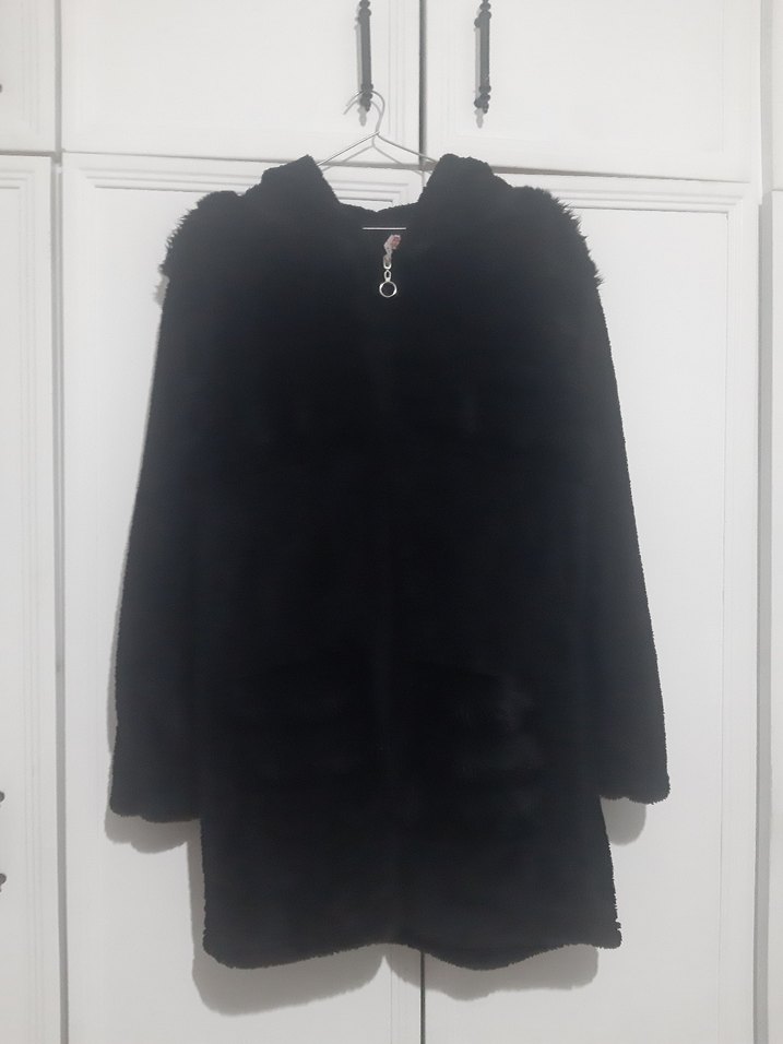 Siyah Kapüşonlu Midi Kadın kalın polar kaban - Görsel 5