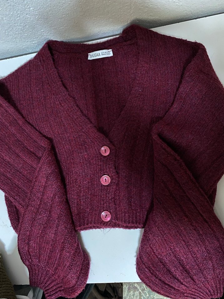 Bordo Düğmeli Triko Hırka - Görsel 3