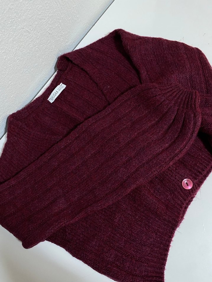 Bordo Düğmeli Triko Hırka - Görsel 2